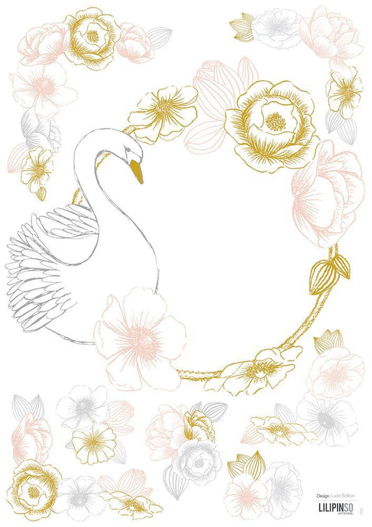 Planche de stickers A3 - Vintage couronne de fleurs & cygne