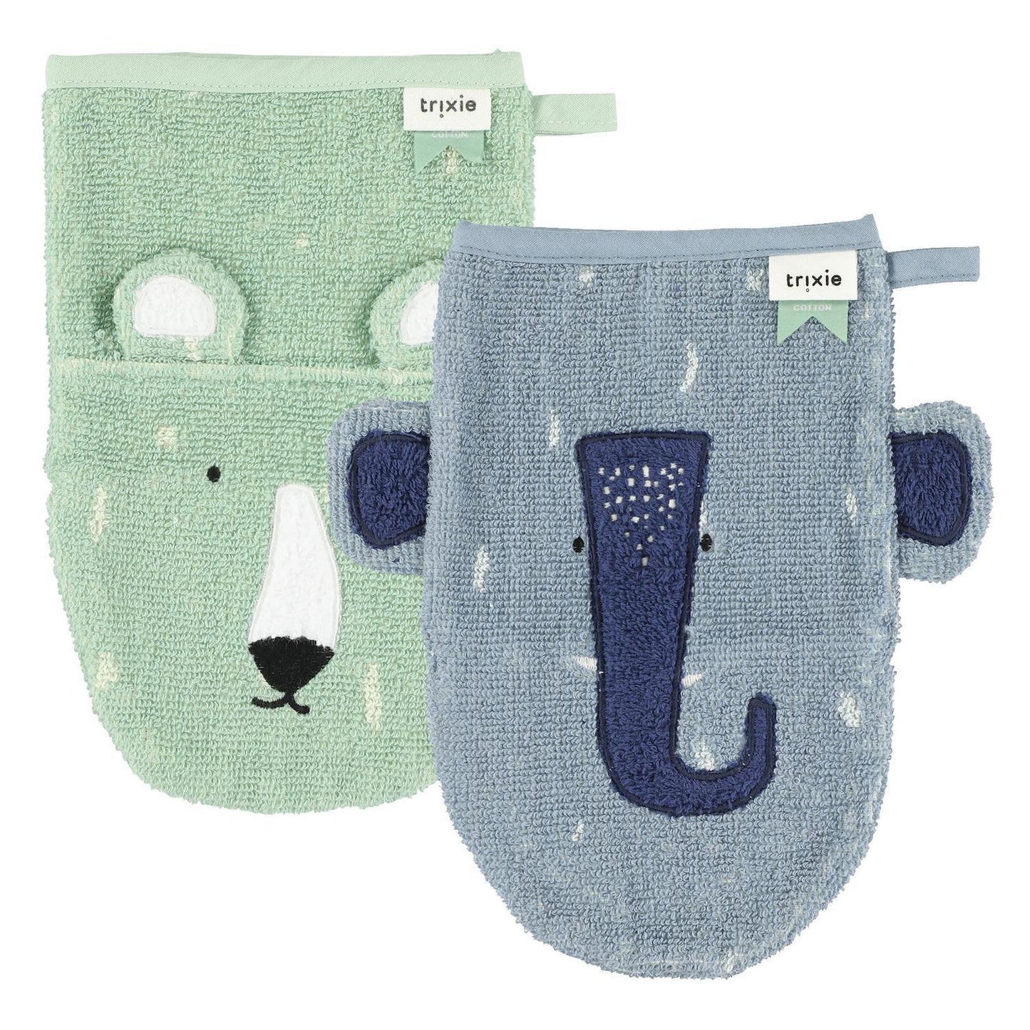 Set of 2 Washcloths - Mr. Polar Bear & Mrs. Elephant by Trixie, 100% Organic Cotton, 14 x 22 cm, Machine Washable at 30°C.