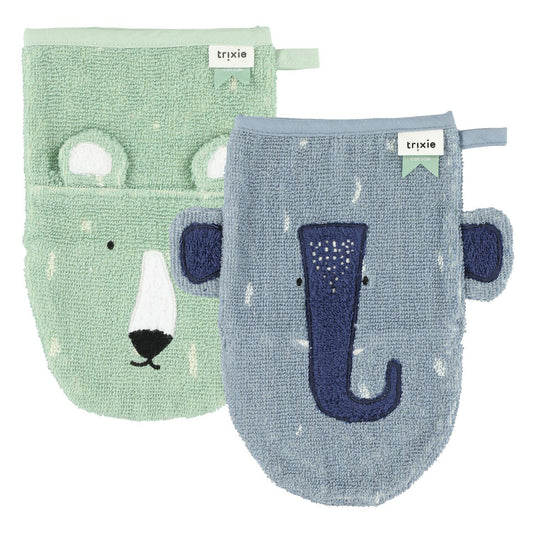 Set of 2 Washcloths - Mr. Polar Bear & Mrs. Elephant by Trixie, 100% Organic Cotton, 14 x 22 cm, Machine Washable at 30°C.