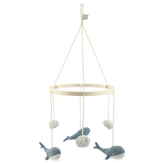 Mobile - Whale by Trixie - Organic Cotton Baby Mobile with Recycled Wood Fill - 27 x 60 cm