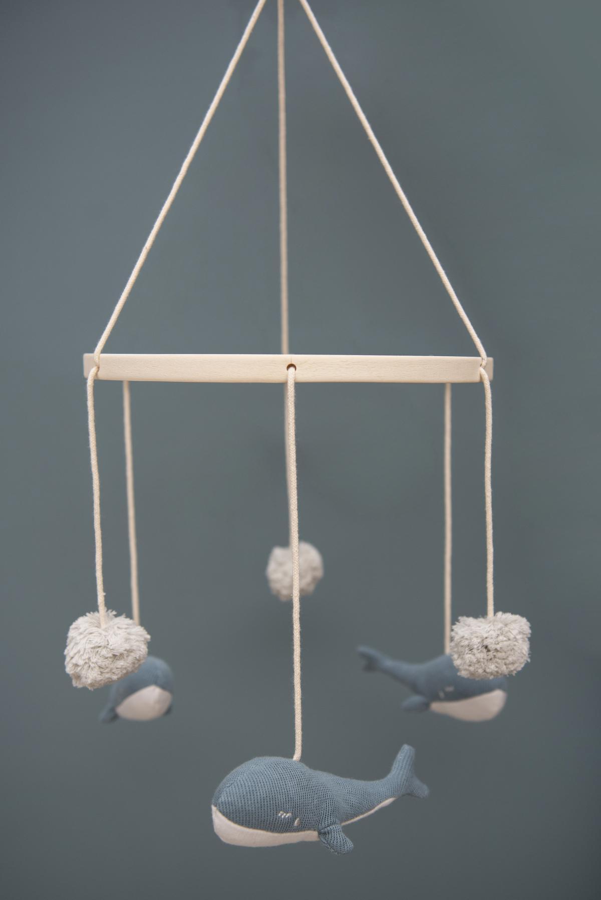 Mobile - Whale by Trixie - Organic Cotton Baby Mobile with Recycled Wood Fill - 27 x 60 cm