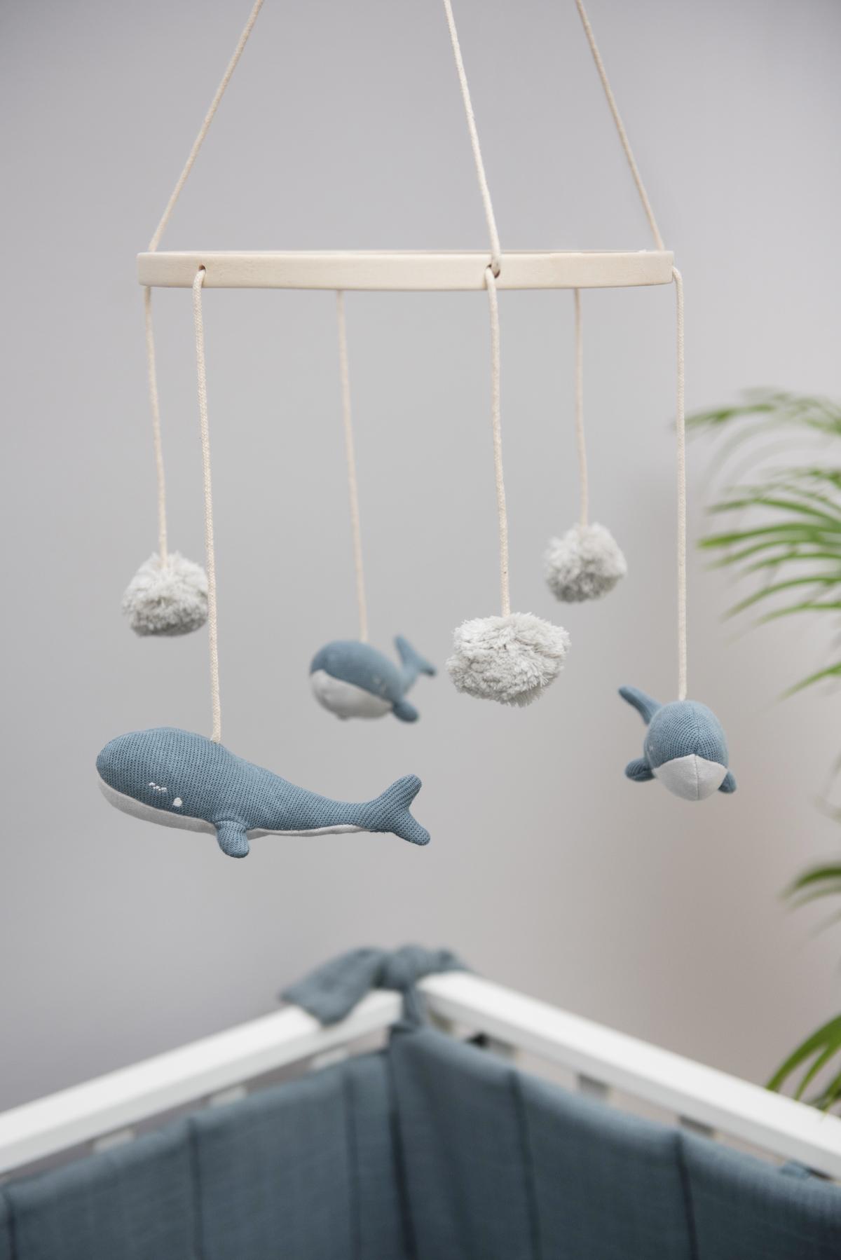 Mobile - Whale by Trixie - Organic Cotton Baby Mobile with Recycled Wood Fill - 27 x 60 cm