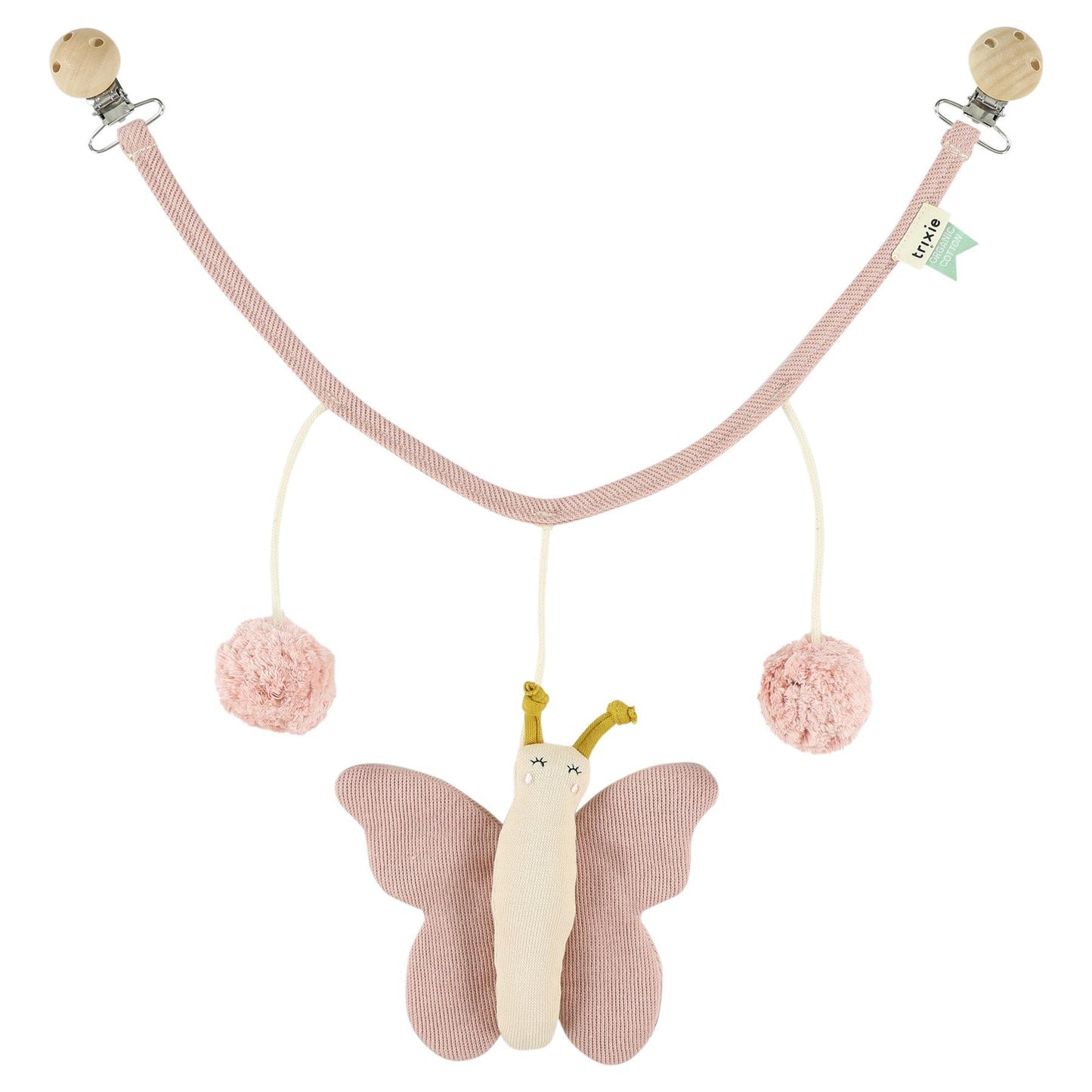 Stroller Chain - Butterfly by Trixie - 46 x 23 cm, 100% Organic Cotton, Recycled Wood Fill - Machine Washable.