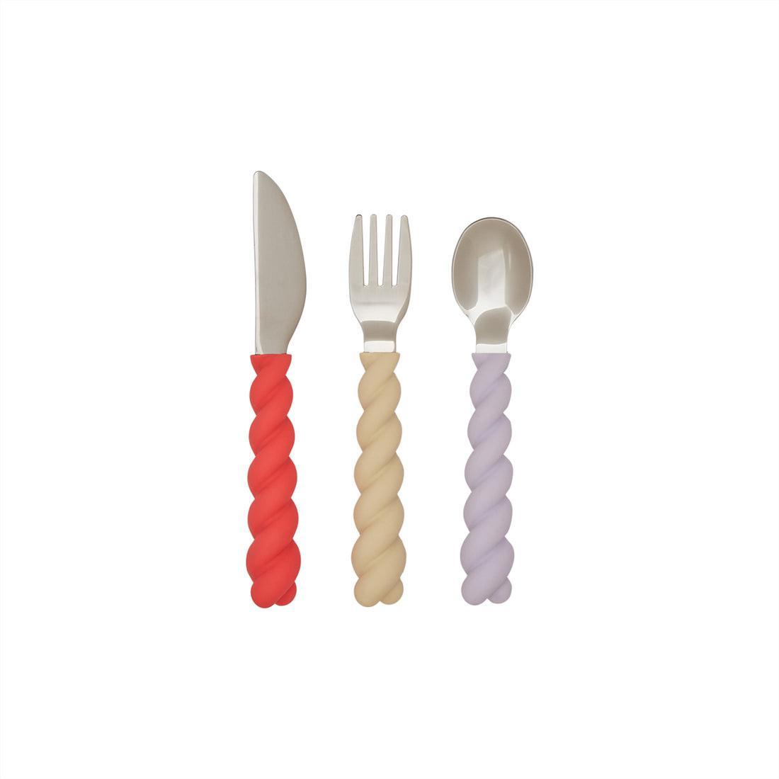 Couverts en silicone set de 3 lavender/vanilla/cherry red - OYOY