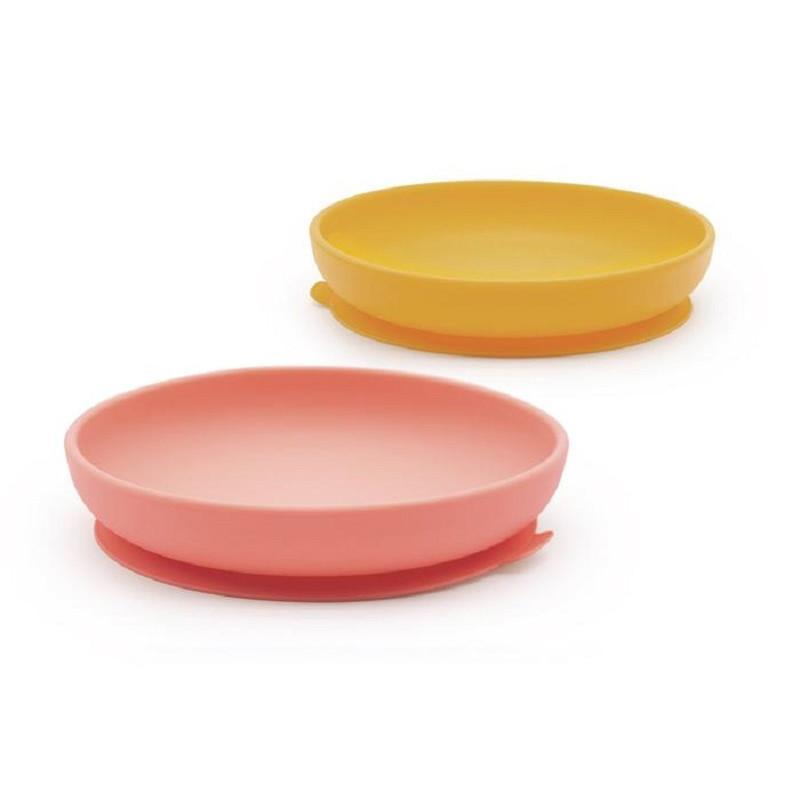 2 assiettes creuses en silicone avec ventouse - 300 ml - Corail et Mimosa