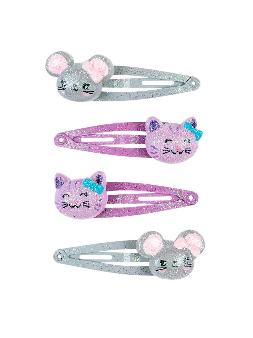 Barrettes Chat & Souris - lilas et gris