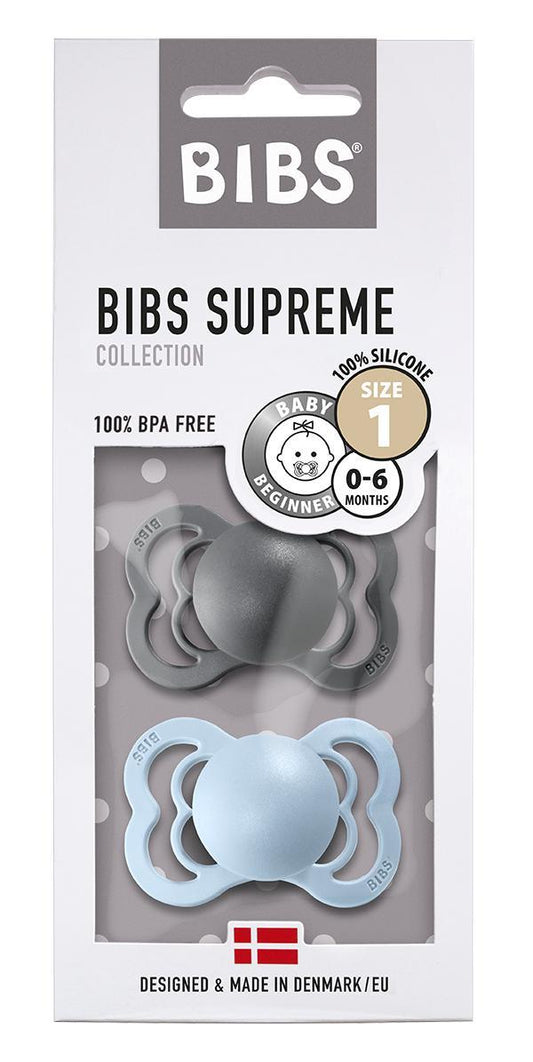 Set de 2 tétines BIBS Supreme en silicone - Gris fer & Bleu Layette