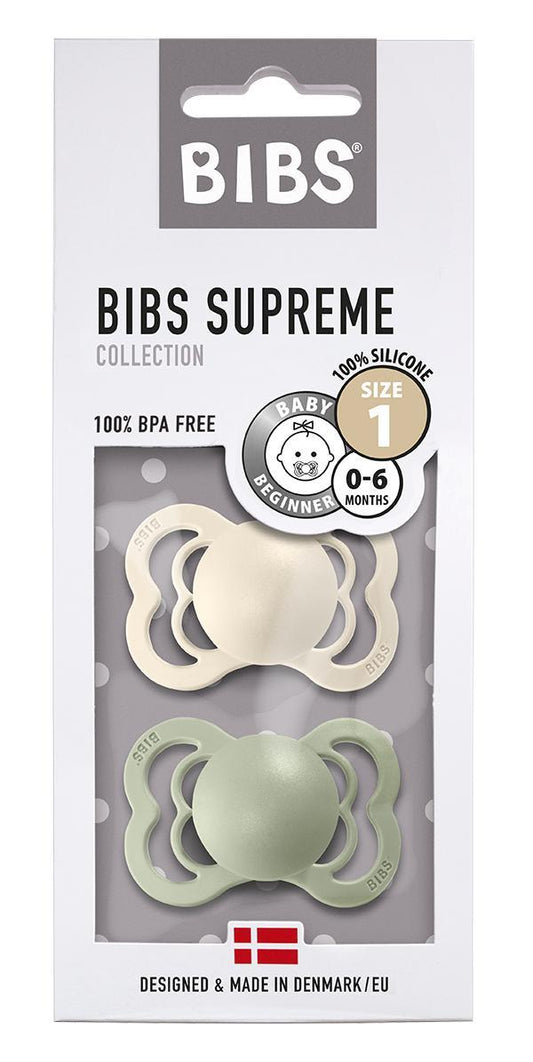 Set de 2 tétines BIBS Supreme en silicone - Ivoire & Vert sauge