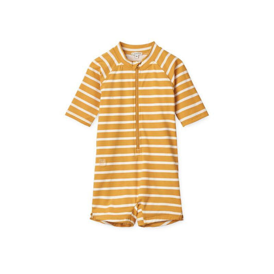 Liewood Yellow Mellow/Yellow Mellow & Crème de la Crème Short Sleeve Max Stripe Bath Suit.